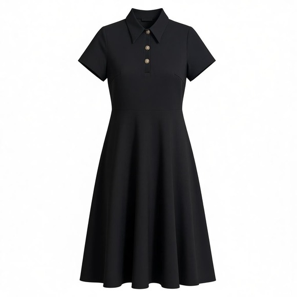 ANLICODE Dresses & Skirts - ANLICODE Black Collared Short Sleeve Button Front Midi Dress Women US 4
